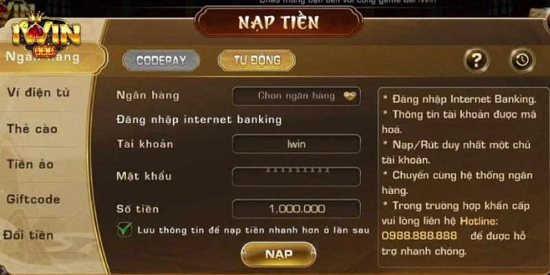 Quy trình nạp tiền tại trang chủ IWIN được thực hiện rất dễ dàng.